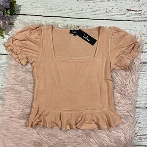 NWT Lulu's Pep Squad Black Ribbed Puff Sleeve Peplum Top